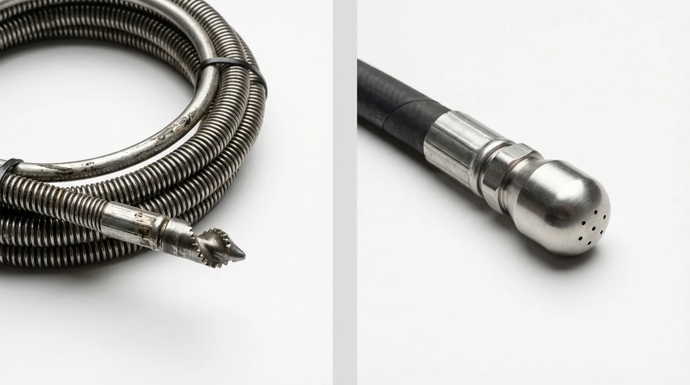 Drain snake cable and hydro jetting nozzle used for drain cleaning in Pelham, NH