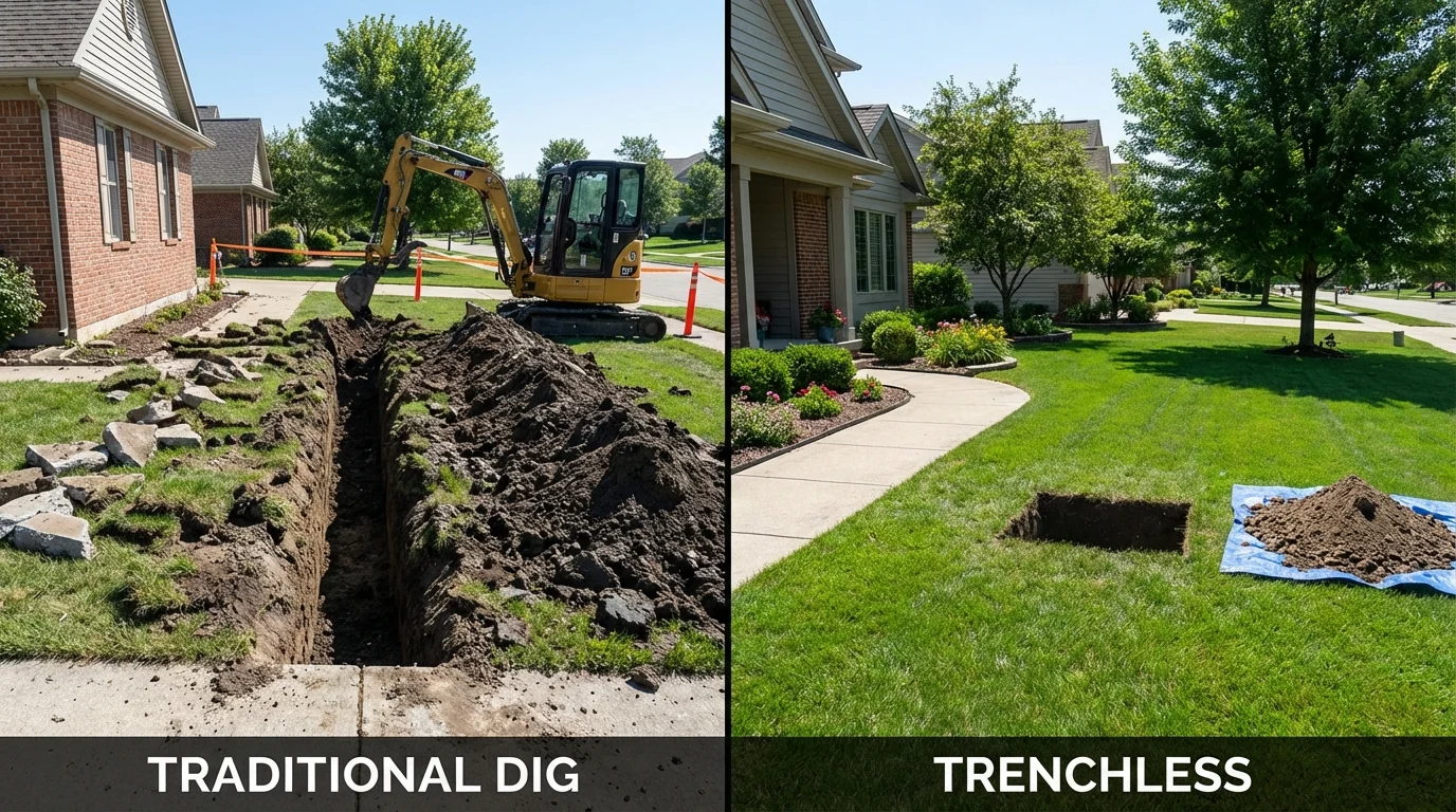 Trenchless sewer repair with minimal yard damage versus traditional excavation in Pelham, NH