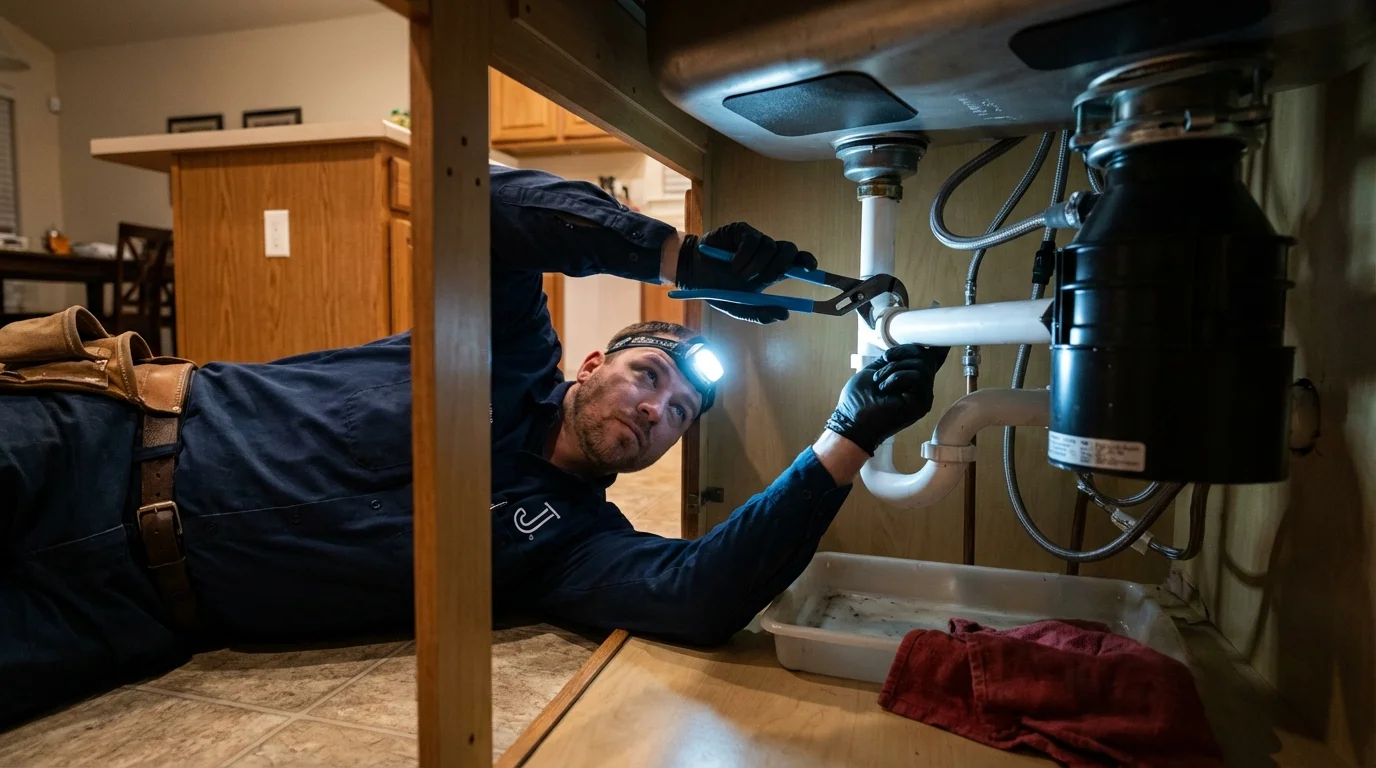 P-trap and supply line connections under a kitchen sink showing a common leak point in Pelham, NH